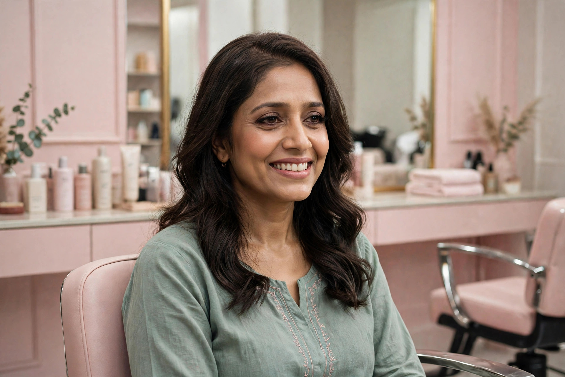 Same woman radiant with glowing skin and shiny styled hair after treatments