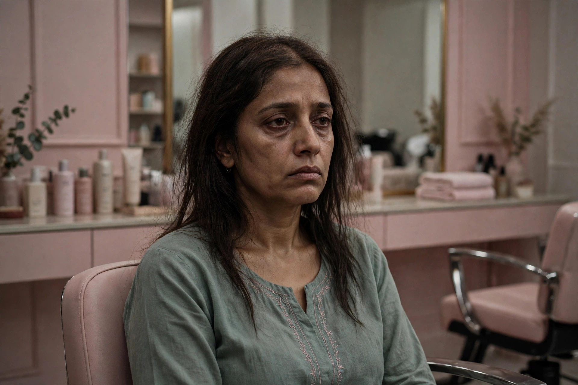 Woman with dull skin and dry, flat hair before beauty treatments